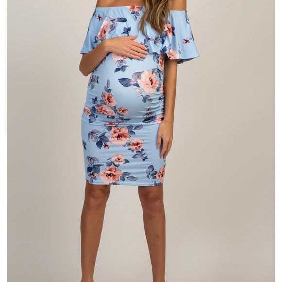 Light Blue Rose Print Ruffle Fitted Maternity Dress - Picture 4 of 5